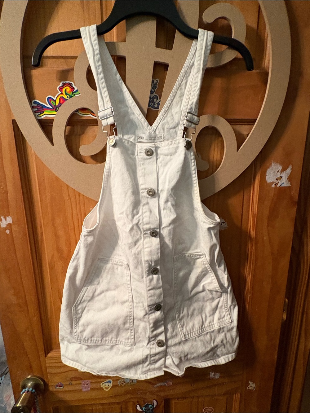 Zara White Button-Front Denim Dungaree Dress